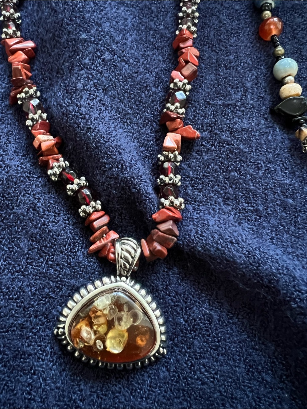 Red Jasper Bead Necklace with Amber Pendant / 40 cm.